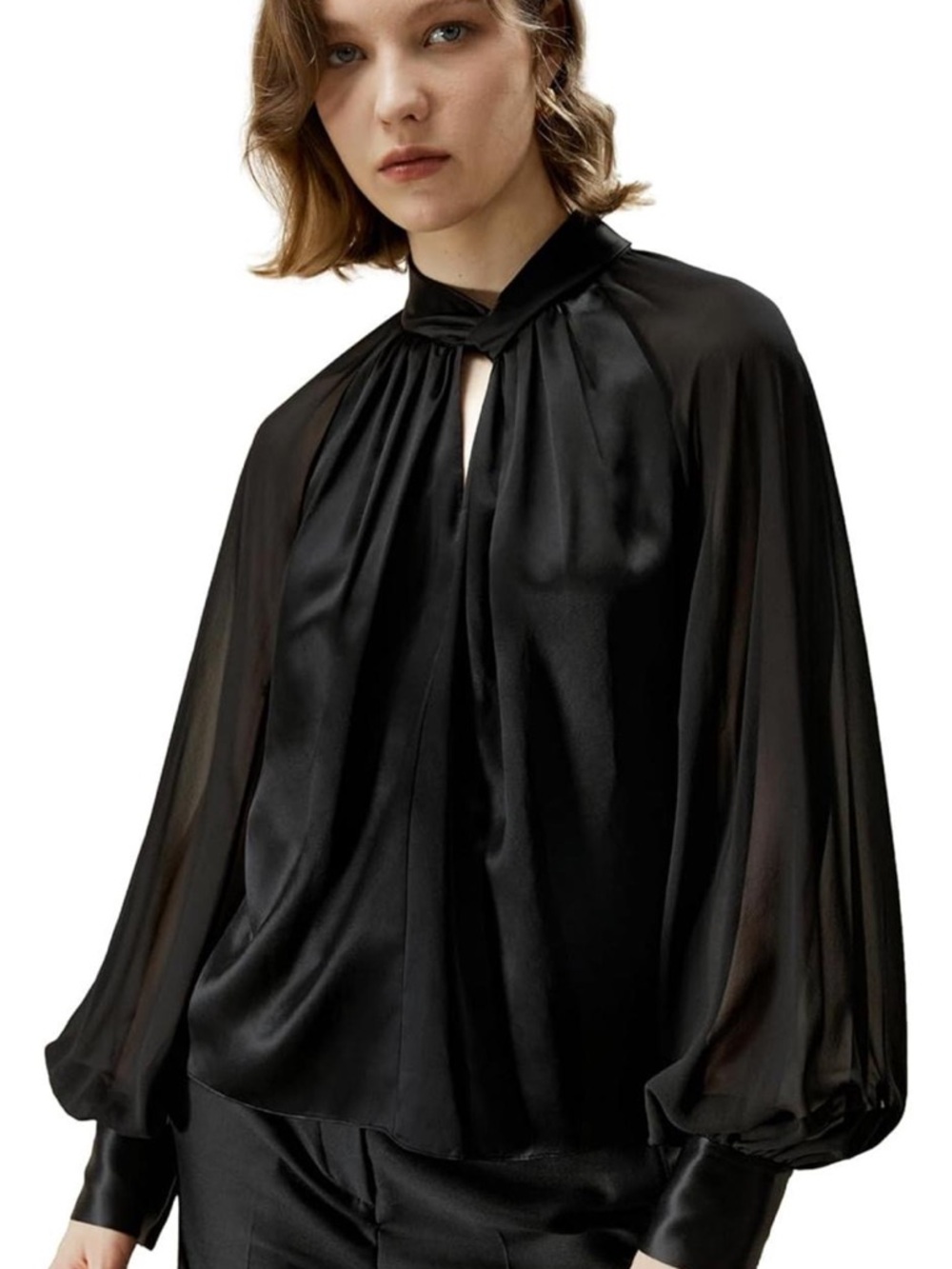 LilySilk NWOT Black 100% Mulberry Silk Blouse Sheer Georgette Sleeves Medium